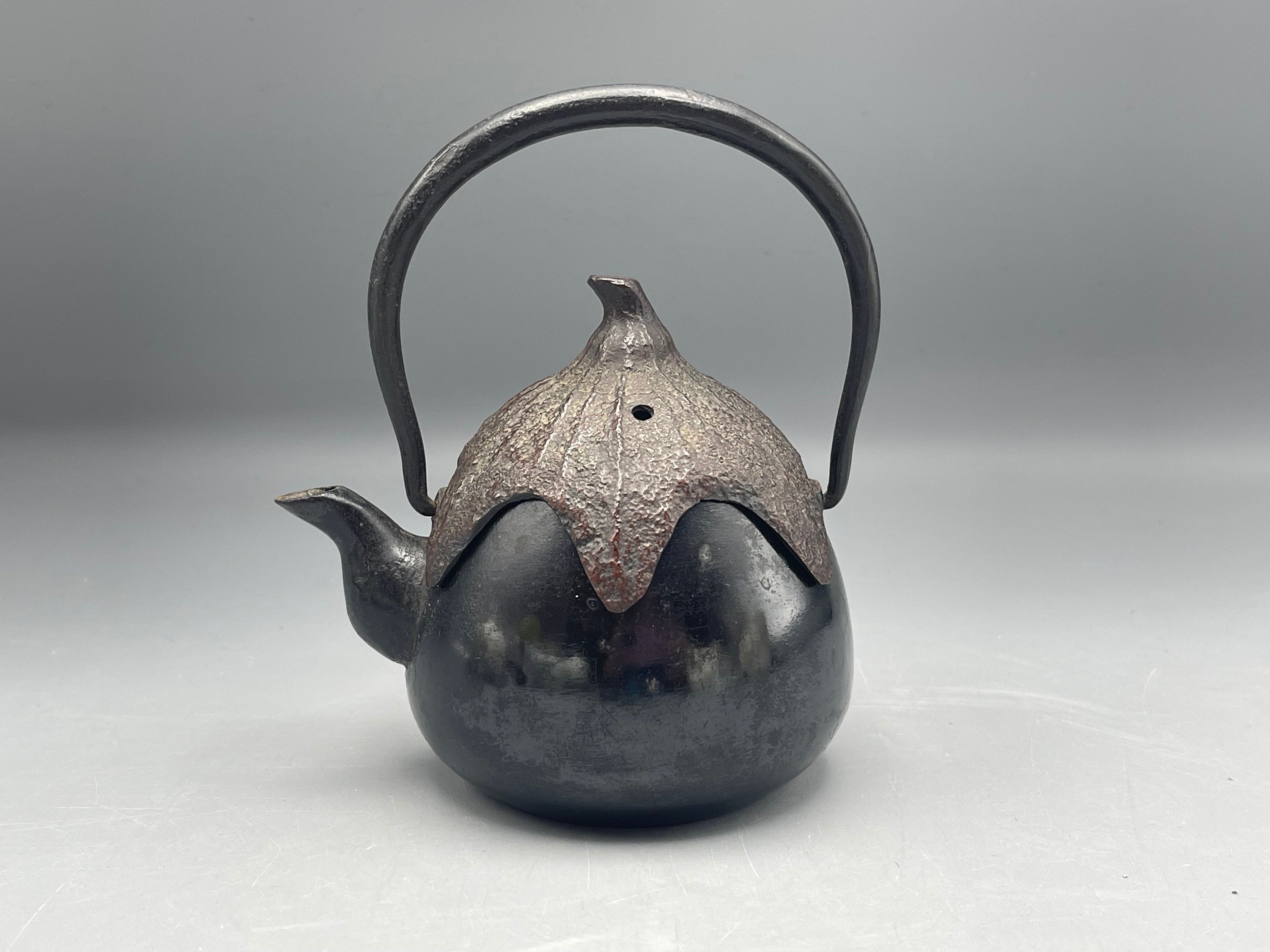Antique Japanese Small Iron and Bronze Eggplant Tea Kettle Signed