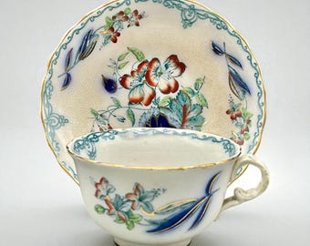 Antique Burgess & Leigh Staffordshire Tea Cup And Saucer Welsh Gaudy Flow Blue