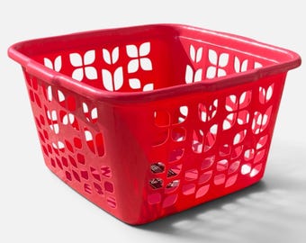 Cesto de ropa Rubbermaid 2968 Roughneck con estampado de tulipanes, color rosa intenso, año 1986.