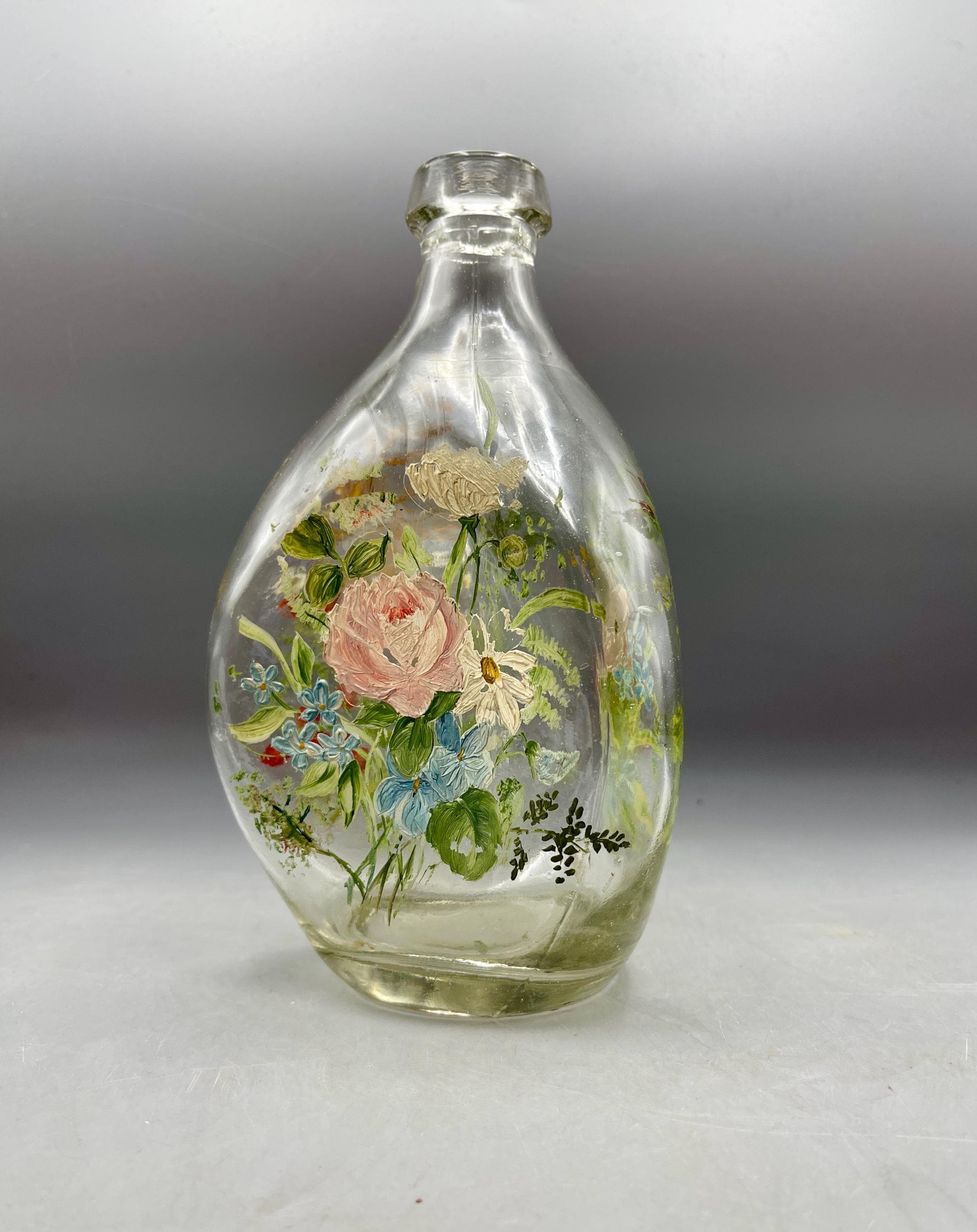 Victorian Hand Painted Pinched Glass Bottle W Three Sides Painted Flowers