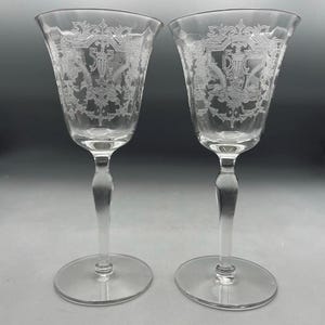 Vintage Morgantown Virginia Etched Water Goblets Glasses Wine Glasses Set Of 2