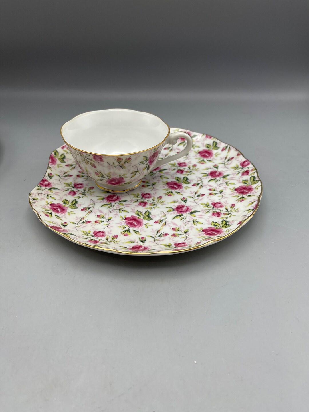 Vintage Lefton Rose Chintz China Snack Plate and Cup Set Luncheon Plate