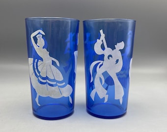 Vintage MCM Kobaltglas Hazel Atlas Spanische Flamenco Tänzer 2 Stück