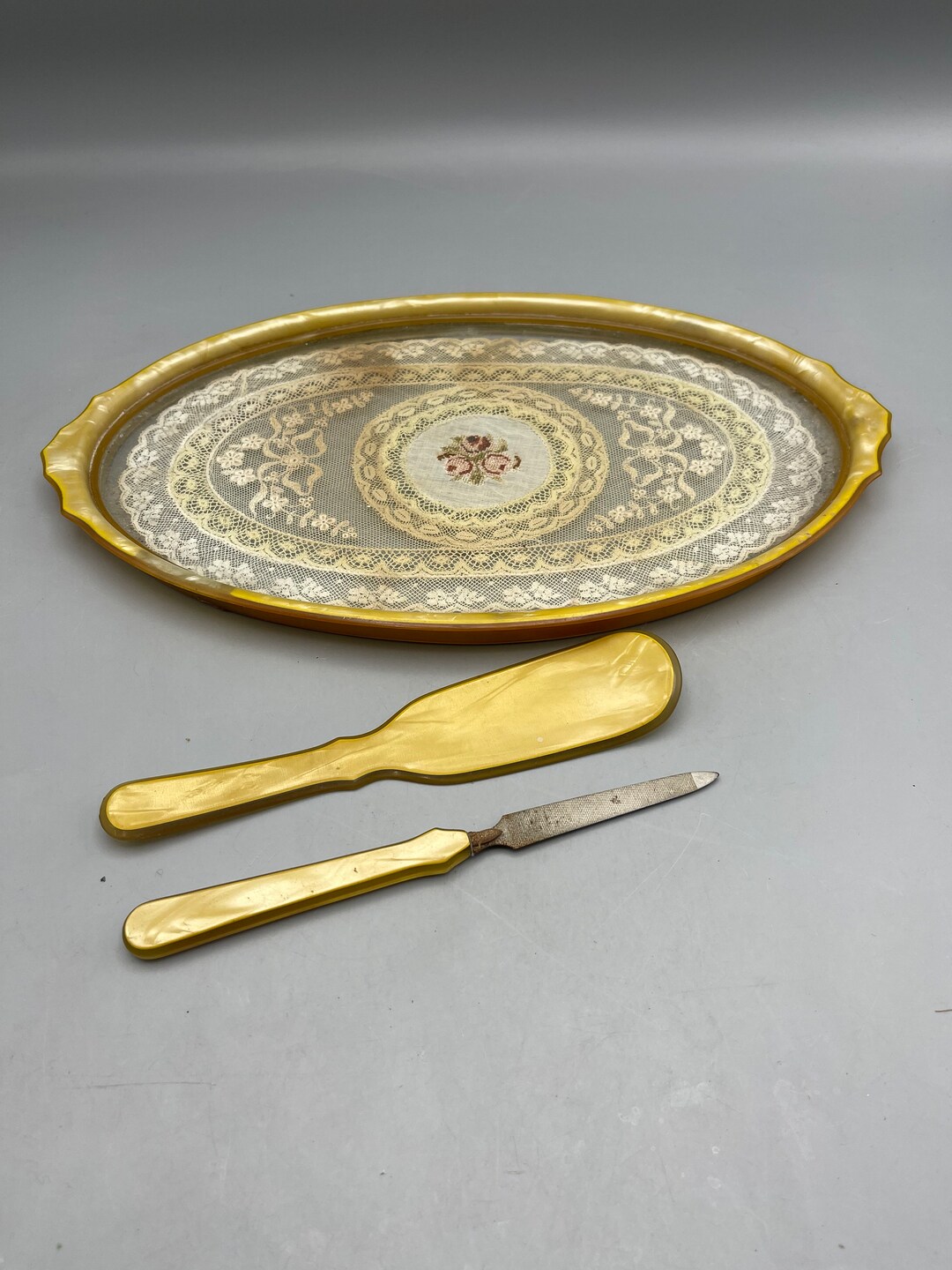 Vintage 1950s Celluloid Glass Dresser Tray Set With Lace Etsy