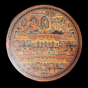 ★ヴィンテージ　ミャンマー バガン塗り　蓋付き円形容器【＊】 ☆ヴィンテージ ミャンマー バガン塗り 蓋付き円形容器