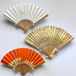 Vintage Japanese Hand Painted Paper Hand Fans Lot Of 3