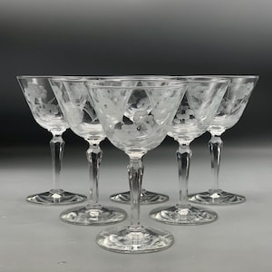 Vintage Libbey Glass Glenmore Etched Floral Champagne Sherbet 6" Tall Set of 6