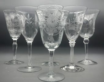 Vintage blandade vinglas med etsade mönster, set om 6