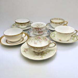 Vintage Mismatched Porcelain Tea Cups & Saucers 6 Sets Haviland Limoges Bavaria