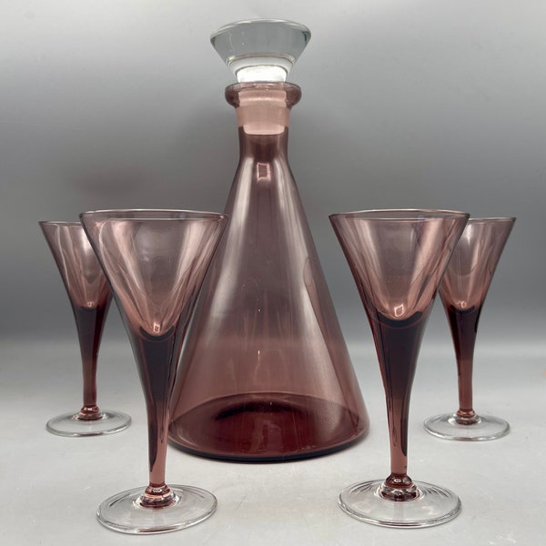 Vintage Amethyst Glass Cordial Sherry Decanter And Glasses Set