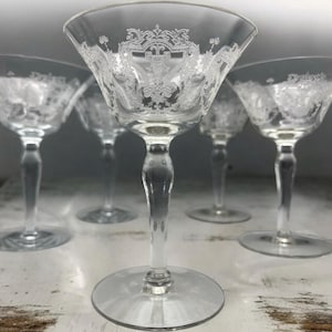 Vintage Etched Glass Liquor Cocktail Glasses Morgantown Virginia Set Of 5