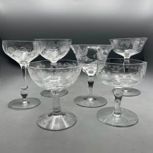 Vintage Etched Champagne Glasses Mismatched Cocktail Coupes Barware Set Of 6