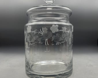 Tarro para galletas de cristal grabado Fostoria, tarro de boticario de 21,5 cm con tapa.
