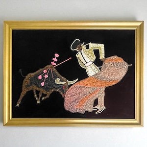 Vintage Midcentury Matador Bullfight Gravel Art On Black Velvet Vintage Framed