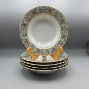 Noritake 5486 Vintage China Rimmed Bowls Set Of 5 Gold Flowers Leaves