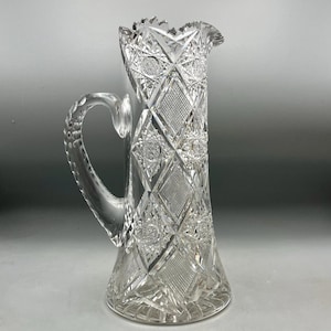 Antique American Brilliant Cut Glass Pitcher 11” Stars And Diamonds Excellent