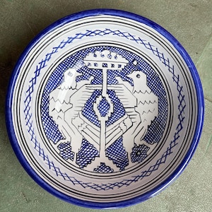 &quot;Deruta Pottery Italy Blaue und weiße Doppel-Phönix-Schüssel 16,5 &quot;&quot;