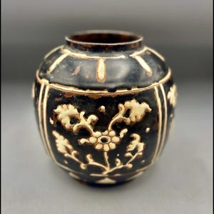 Vintage Chinese Cizhou Style Pottery Jar With Floral Design