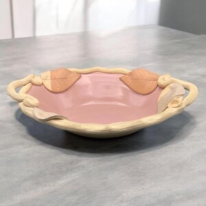 Studio Art Pottery Dish Applied Leaves Majolica Pink Interior Signed Centerpiece