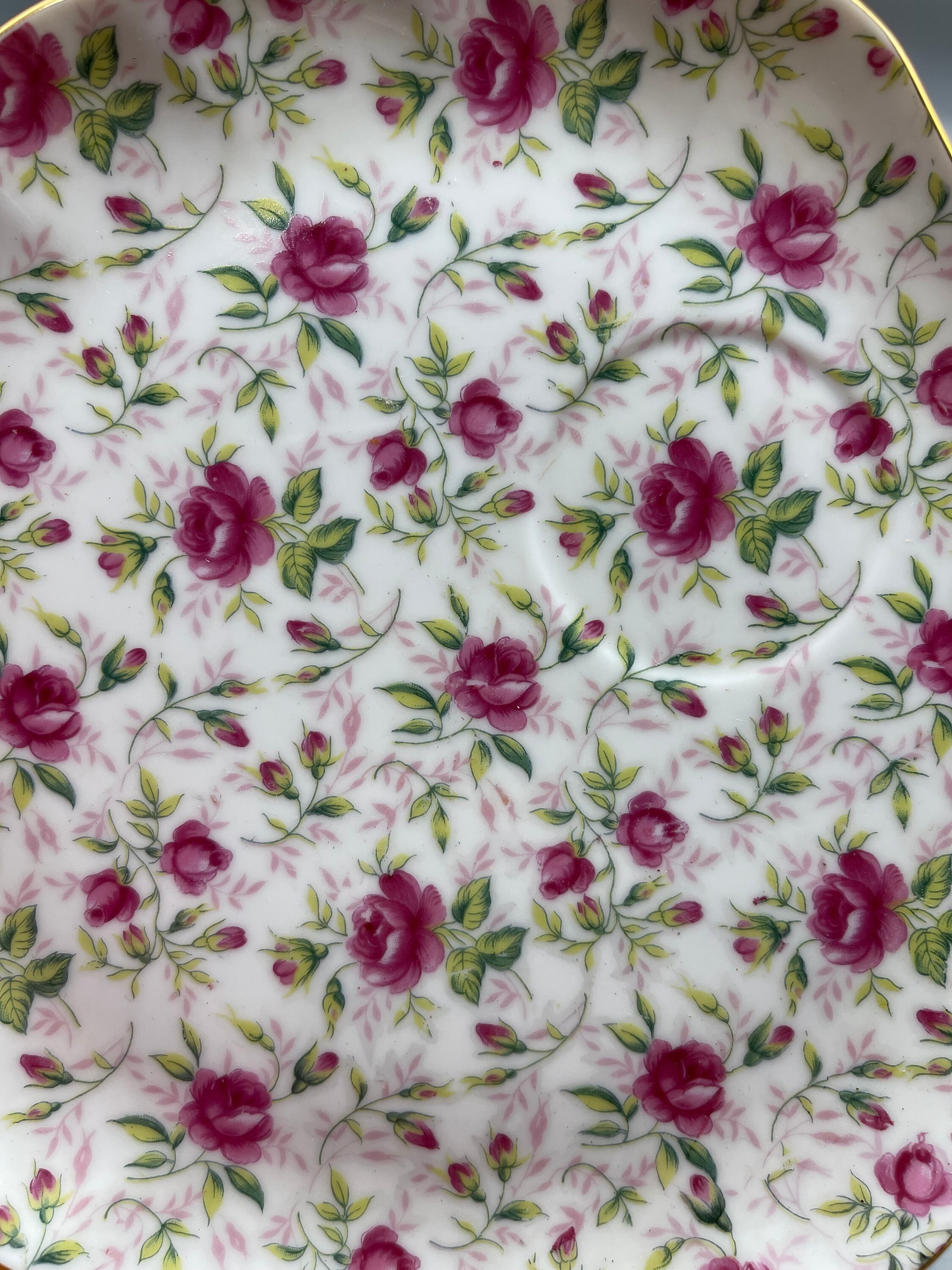 Vintage Lefton Rose Chintz China Snack Plates and Cups Two Sets