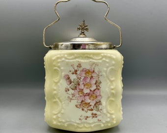 Antique Wavecrest Square Biscuit Jar Hand Painted Milk Glass