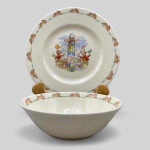 Vintage Bunnykins Royal Doulton 1936 Bone China Kids Cereal Bowl And Plate
