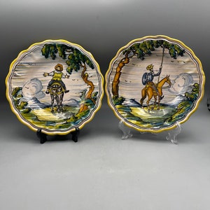 Antique Spanish Talavera Pottery Plates Don Quixote Pancho Villa 7.5”