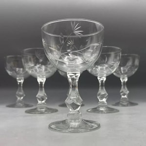Vintage 1950s Liquor Cocktail Glasses Cut Etched Flowers Set Of 7 MCM Stemware
