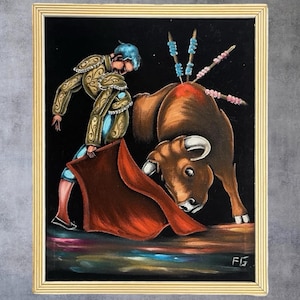 Vintage MCM Black Velvet Painting Mexico Matador Bullfighter Framed Signed #1
