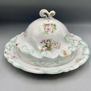 Antique Prov Saxe Germany Covered Butter Cheese Plate Hand Painted
