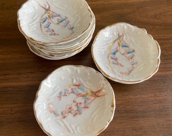 Vintage porcelana abierta platos de sal conjunto de 7 campanillas pintadas