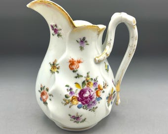 Jarra de leche antigua de porcelana estilo Dresde con decoración floral pintada a mano, 16,5 cm (6,5 pulgadas)