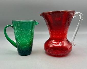 Vintage Crackle Glass Jug Lot Of Two Midcentury Art Glass