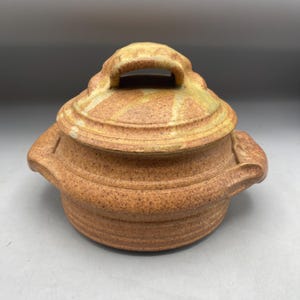 Vintage Signed Studio Pottery Stoneware Pot And Lid Thumbprint Handles