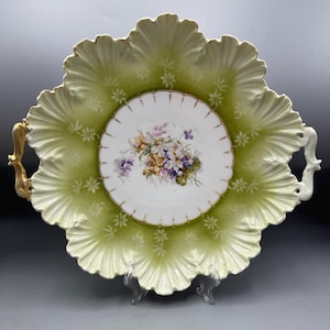 Antique German Handled Plate Cabbage Leaf Mold Painted Flowers