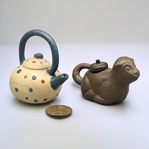 Miniature Clay Tea Pot Lot Of 2 Xijing Chinese Monkey And Hand Painted Pottery