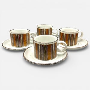 Conjunto de 4 xícaras e pires Stonehenge Midwinter Earth em cerâmica de estilo moderno de meados do século.