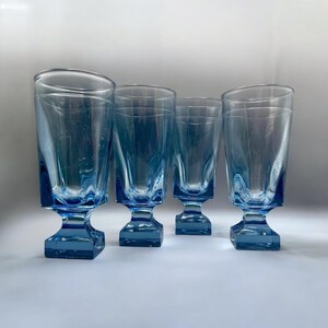 Hand Blown Glasses Signed Cerulean Blue Square Foot Stemmed Glasses 7.5”