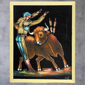 Vintage MCM Black Velvet Painting Mexico Matador Bullfighter Framed Signed #2