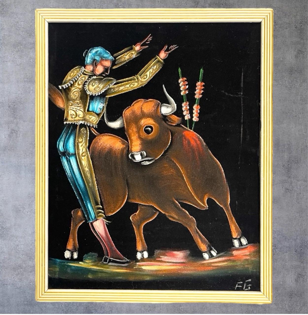 Grande Tapisserie Velours Vintage Tauromachie 4'x6' - Tenture Murale Matador Italie