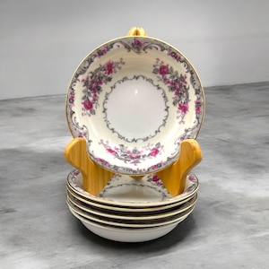 Grace China Corsage Berry Bowls Set Of 5 Pink Roses Gray Scrolls