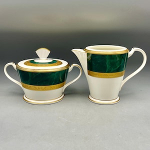 Noritake Fitzgerald Creamer And Sugar With Lid Set Gold Encrusted Emerald Green