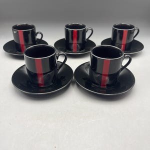 Vintage Porcelain Espresso Cups And Saucers Set Black And Red