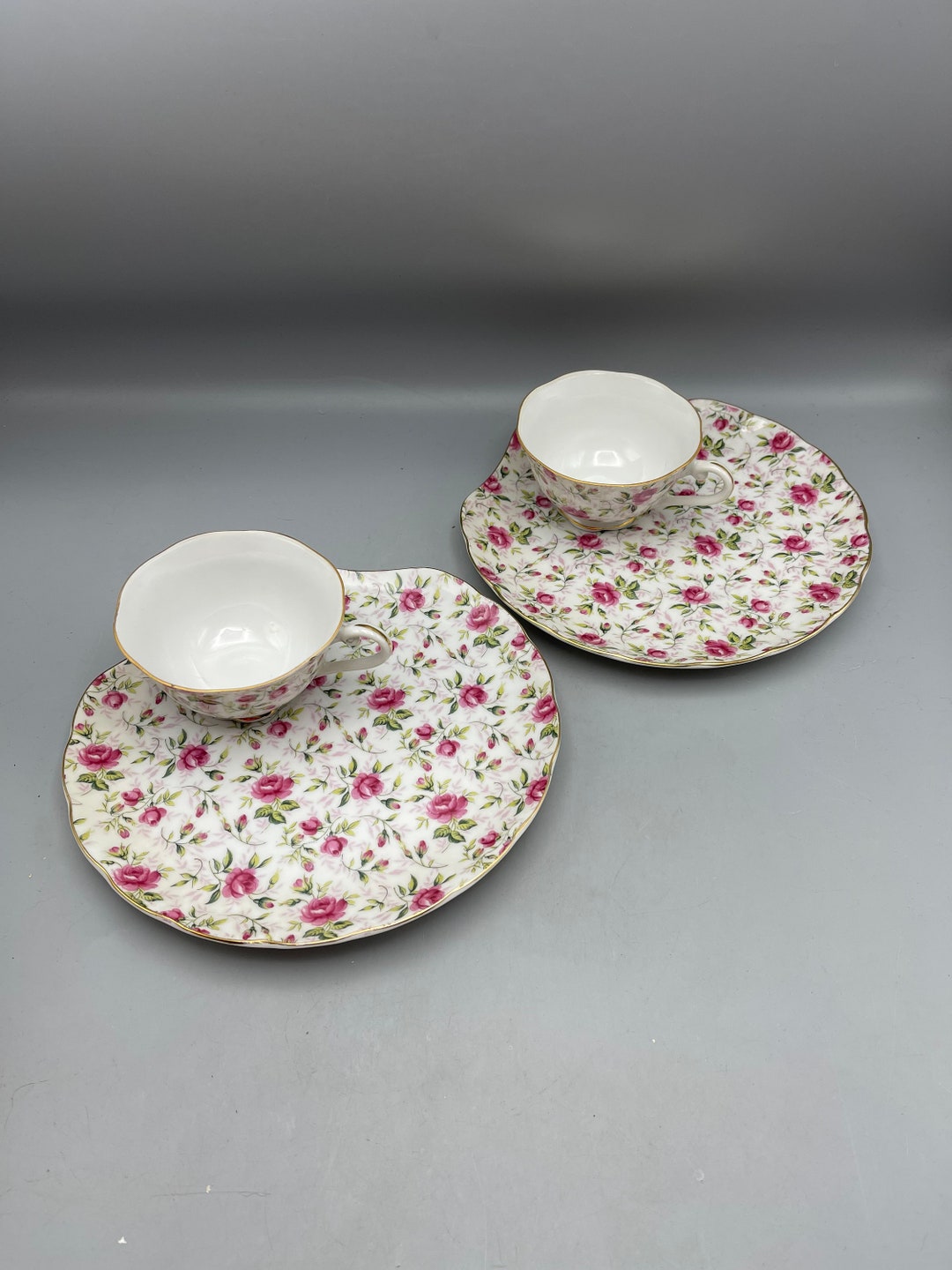 Vintage Lefton Rose Chintz China Snack Plates and Cups Two Sets