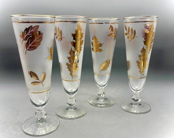 Vintage Libbey MCM Gold Leaves pilsglazen set van 4