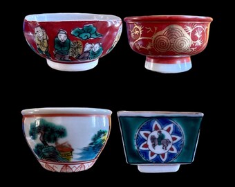 Vintage japonés Kutani Salt Dips Tazas pintadas a mano Conjunto de 4