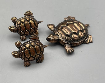 Vintage Copper Sea Turtle Brooch And Earring Set