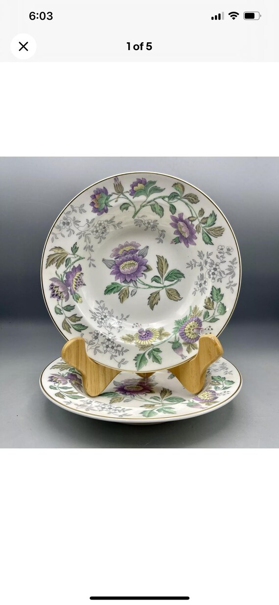 Wedgwood Avon Bone China Rimmed Soup Bowls Purple Flowers Set of