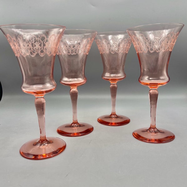 Vintage Needle Etched Pink Goblets 1920s Vintage Stemware Barware