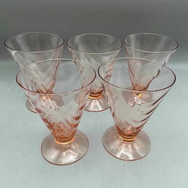 Vintage Pink Optic Footed Tumblers 8 Oz. Optic Palm Festoon Pink Glassware 5 Pc.